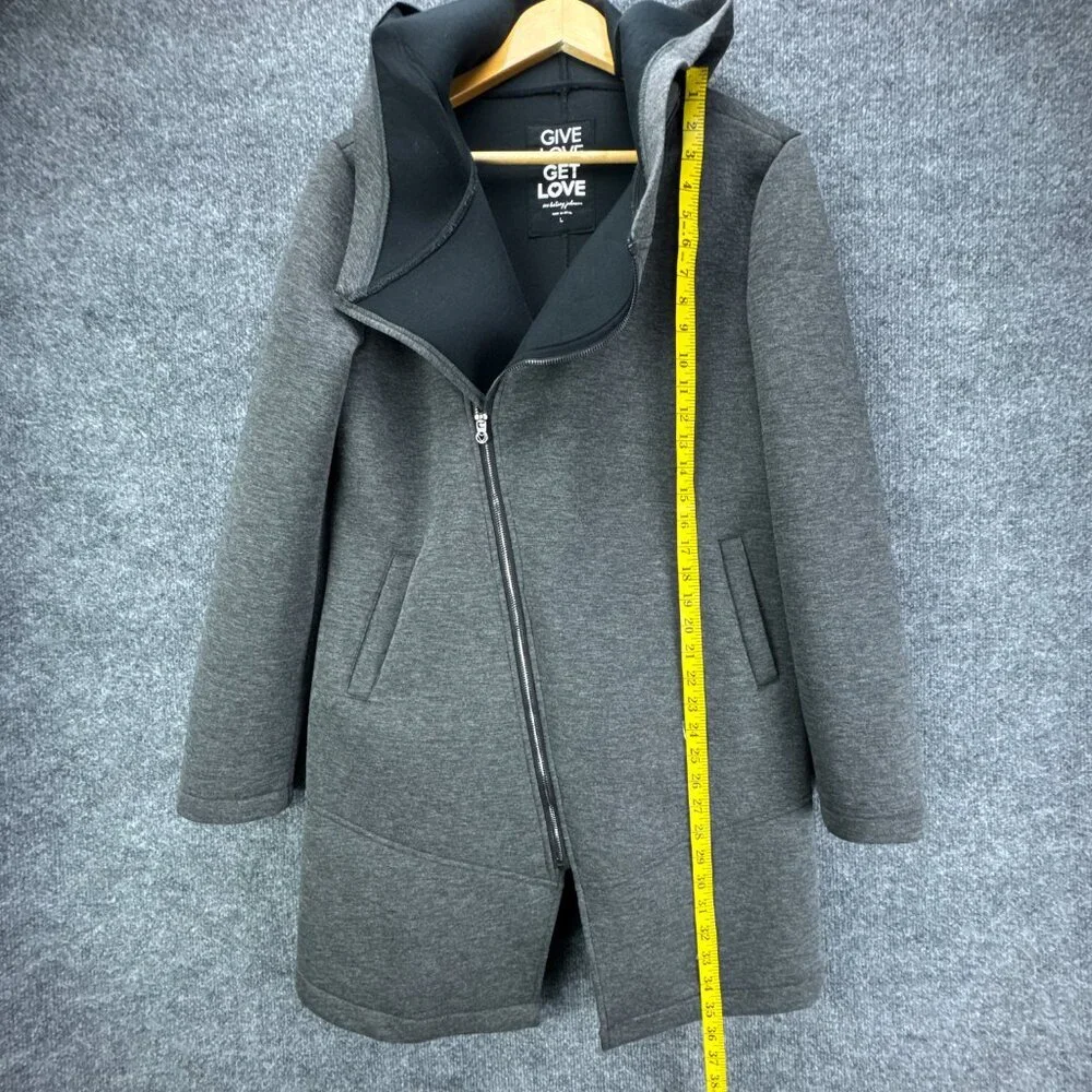**SOLD**Betsey Johnson Performance Jacket Womens Large Gray Hooded Asymmetrical - Picture 12 of 15